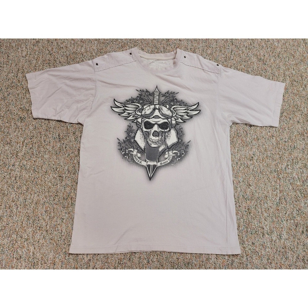 Avirex Shirt Mens 3XL Tan Skull Wing Rhinestone Graphic Streetwear Tee Grunge